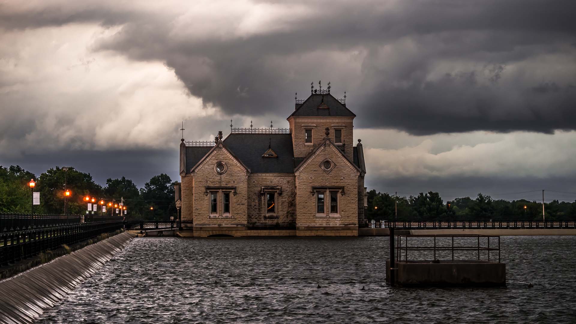 Crescent Hill Reservoir with a storm in the background.